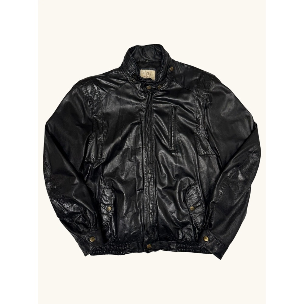 J Park Collection Black Genuine Leather Bomber Jacket Cafe Racer Mens Small